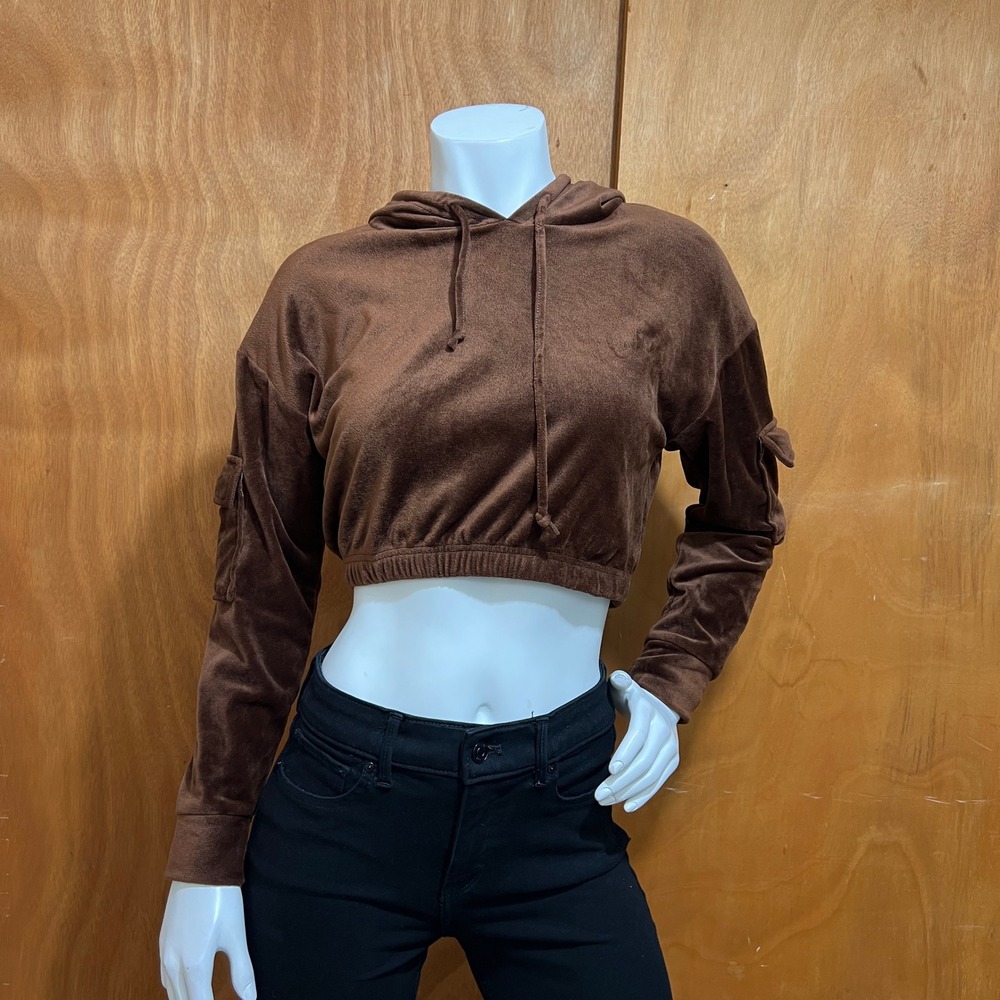 Love Womens Medium Chocolate Brown Velour Crop Hoodie Pocket Sleeves Soft